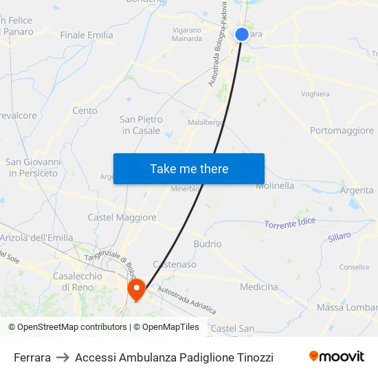 Ferrara to Accessi Ambulanza Padiglione Tinozzi map
