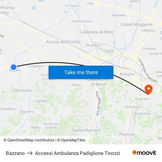 Bazzano to Accessi Ambulanza Padiglione Tinozzi map