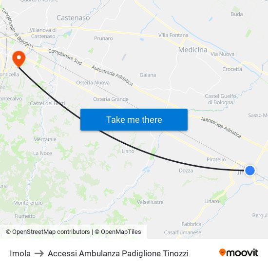 Imola to Accessi Ambulanza Padiglione Tinozzi map