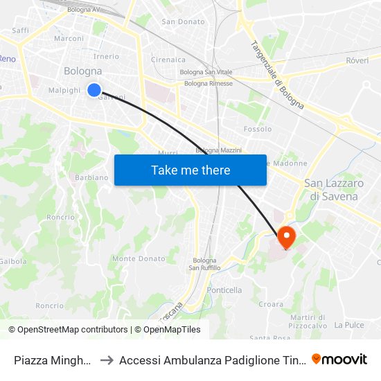 Piazza Minghetti to Accessi Ambulanza Padiglione Tinozzi map