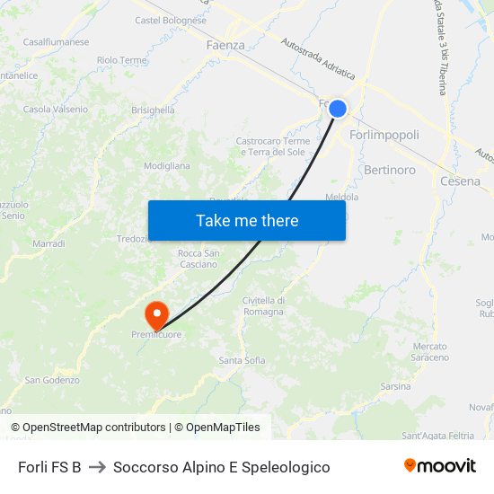 Forli FS B to Soccorso Alpino E Speleologico map