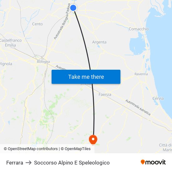 Ferrara to Soccorso Alpino E Speleologico map