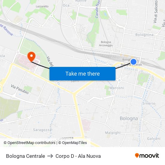 Bologna Centrale to Corpo D - Ala Nuova map