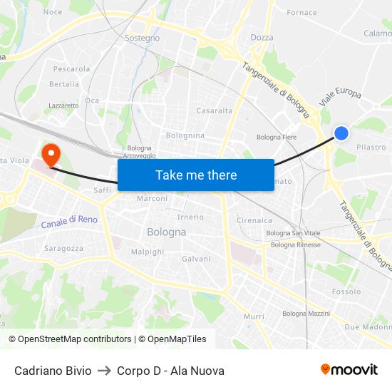 Cadriano Bivio to Corpo D - Ala Nuova map