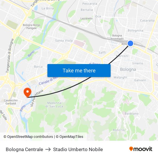 Bologna Centrale to Stadio Umberto Nobile map