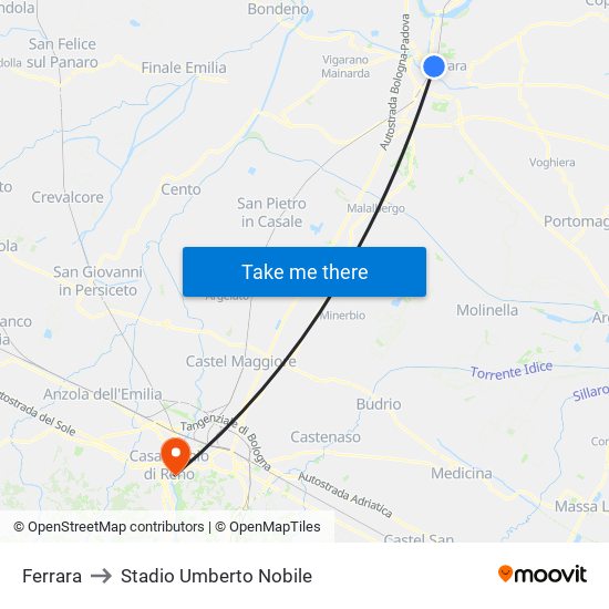 Ferrara to Stadio Umberto Nobile map