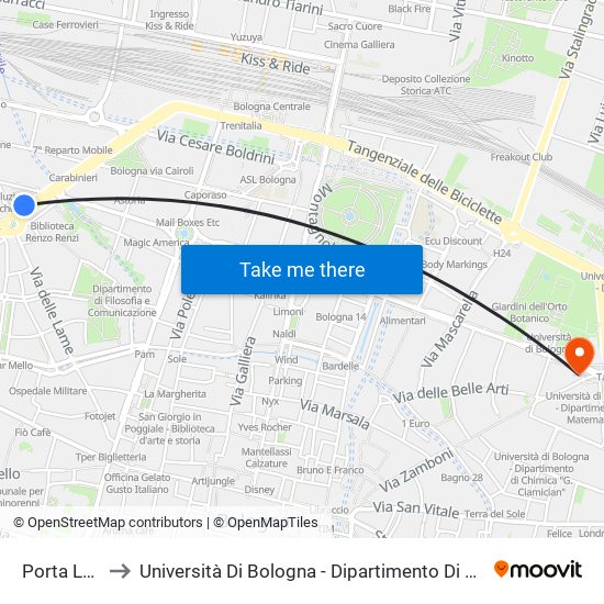 Porta Lame to Università Di Bologna - Dipartimento Di Mineralogia map