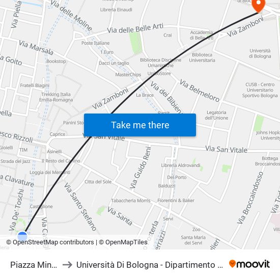 Piazza Minghetti to Università Di Bologna - Dipartimento Di Mineralogia map