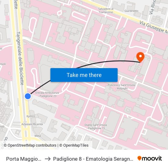 Porta Maggiore to Padiglione 8 - Ematologia Seragnoli map