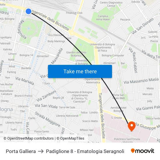 Porta Galliera to Padiglione 8 - Ematologia Seragnoli map