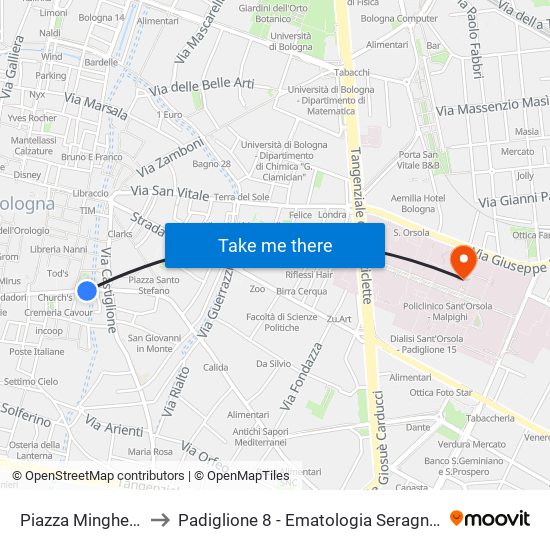 Piazza Minghetti to Padiglione 8 - Ematologia Seragnoli map