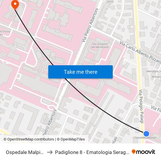 Ospedale Malpighi to Padiglione 8 - Ematologia Seragnoli map