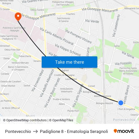 Pontevecchio to Padiglione 8 - Ematologia Seragnoli map