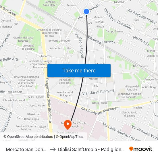 Mercato San Donato to Dialisi Sant'Orsola - Padiglione 15 map