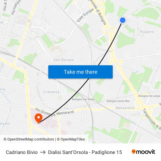 Cadriano Bivio to Dialisi Sant'Orsola - Padiglione 15 map