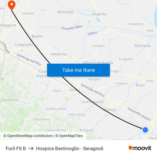 Forli FS B to Hospice Bentivoglio - Seragnoli map