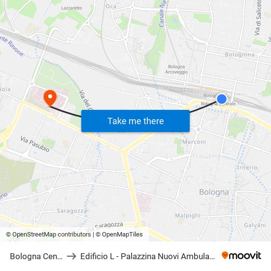 Bologna Centrale to Edificio L - Palazzina Nuovi Ambulatori - Lum map