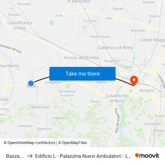 Bazzano to Edificio L - Palazzina Nuovi Ambulatori - Lum map
