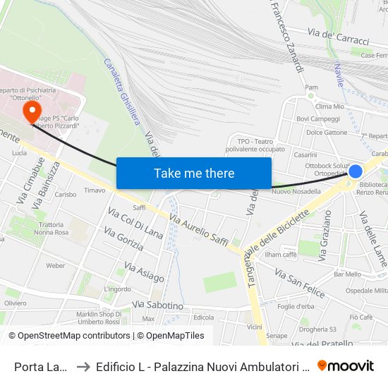 Porta Lame to Edificio L - Palazzina Nuovi Ambulatori - Lum map