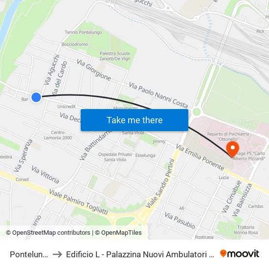 Pontelungo to Edificio L - Palazzina Nuovi Ambulatori - Lum map