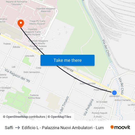 Saffi to Edificio L - Palazzina Nuovi Ambulatori - Lum map