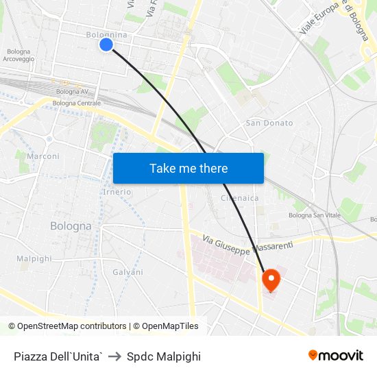 Piazza Dell`Unita` to Spdc Malpighi map