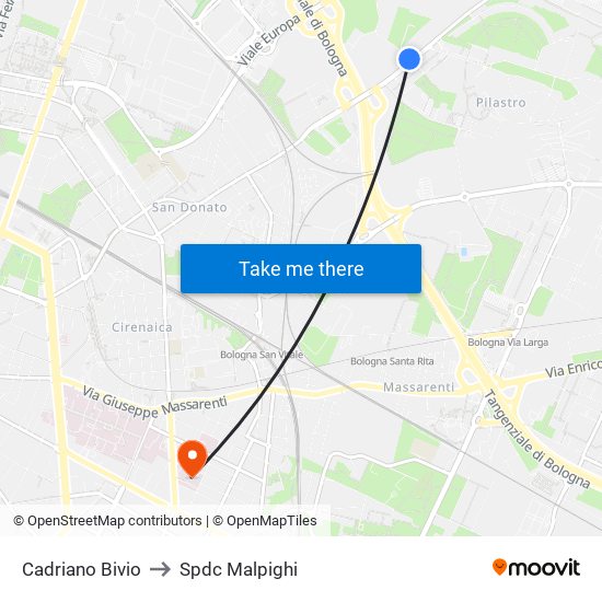 Cadriano Bivio to Spdc Malpighi map