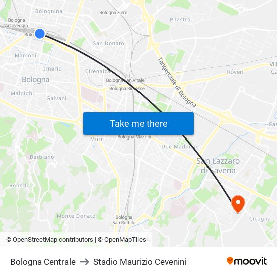 Bologna Centrale to Stadio Maurizio Cevenini map