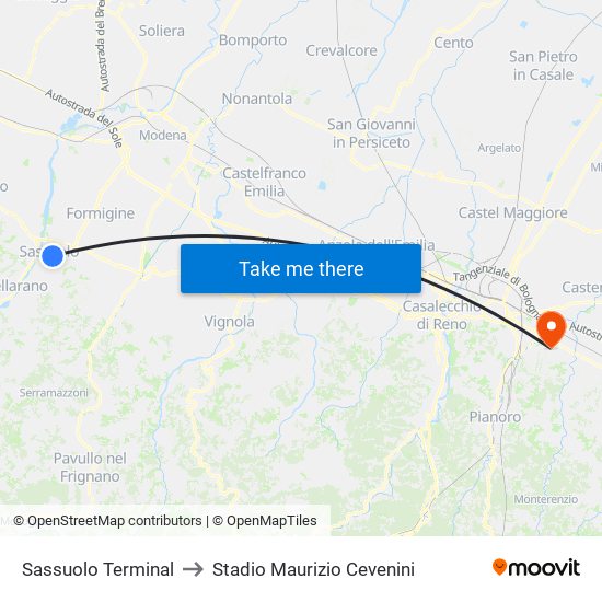 Sassuolo Terminal to Stadio Maurizio Cevenini map