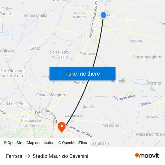 Ferrara to Stadio Maurizio Cevenini map