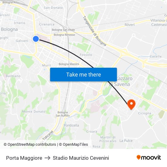 Porta Maggiore to Stadio Maurizio Cevenini map