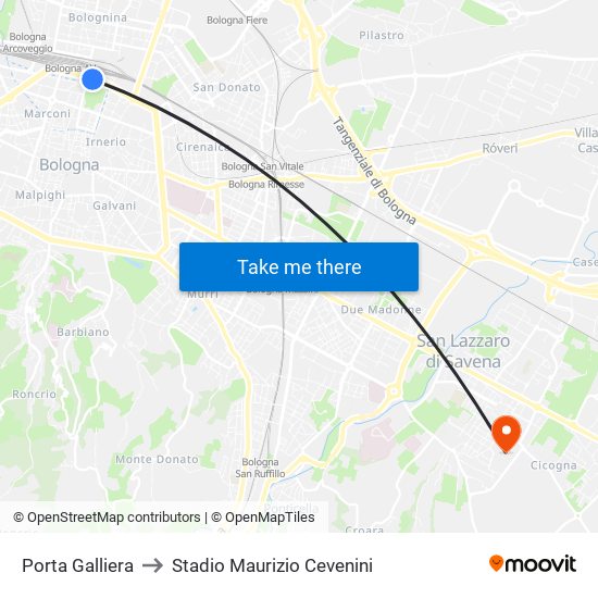 Porta Galliera to Stadio Maurizio Cevenini map