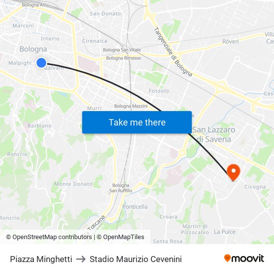 Piazza Minghetti to Stadio Maurizio Cevenini map