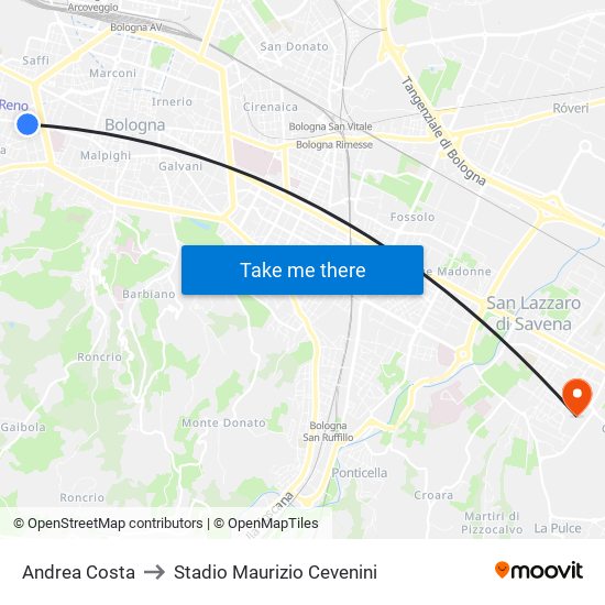 Andrea Costa to Stadio Maurizio Cevenini map