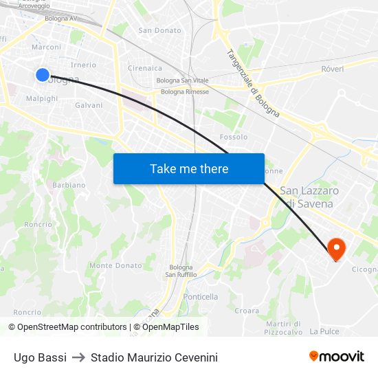 Ugo Bassi to Stadio Maurizio Cevenini map