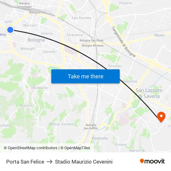 Porta San Felice to Stadio Maurizio Cevenini map