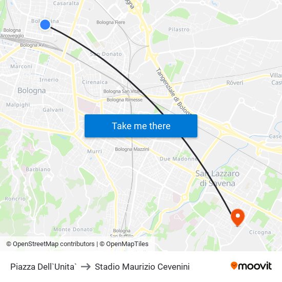 Piazza Dell`Unita` to Stadio Maurizio Cevenini map