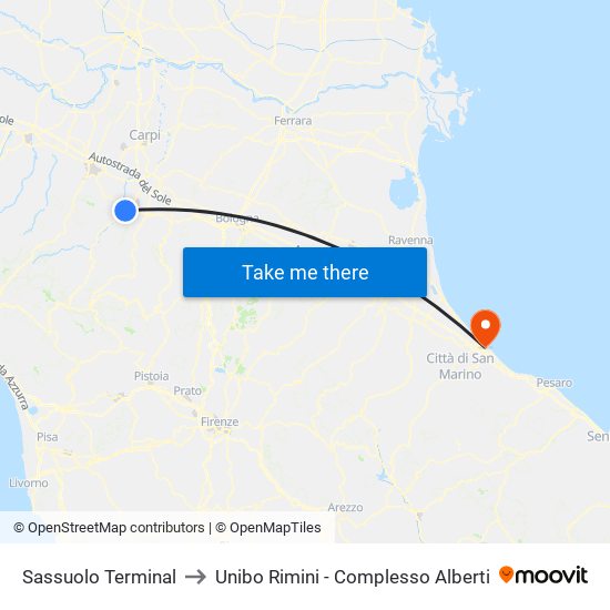 Sassuolo Terminal to Unibo Rimini - Complesso Alberti map