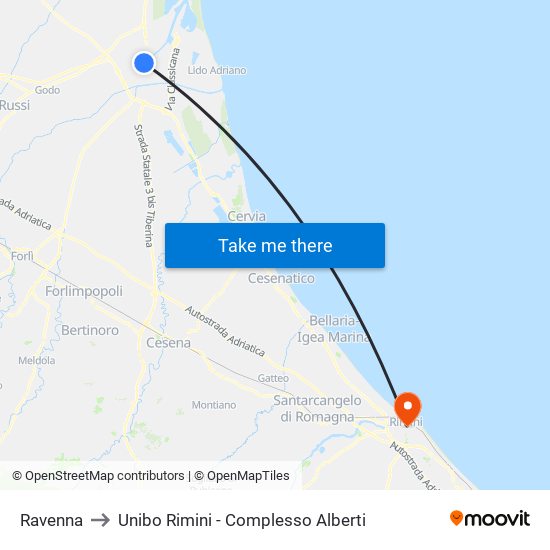 Ravenna to Unibo Rimini - Complesso Alberti map