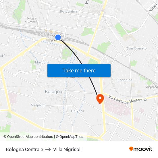 Bologna Centrale to Villa Nigrisoli map