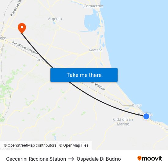 Ceccarini Riccione Station to Ospedale Di Budrio map