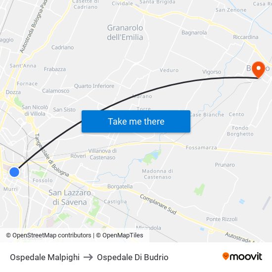 Ospedale Malpighi to Ospedale Di Budrio map