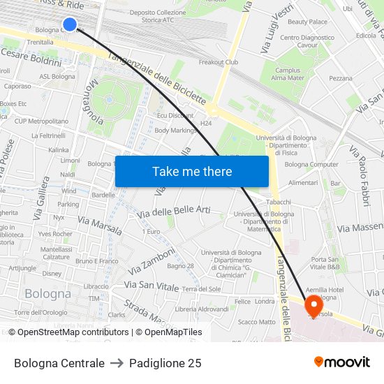 Bologna Centrale to Padiglione 25 map