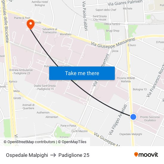 Ospedale Malpighi to Padiglione 25 map