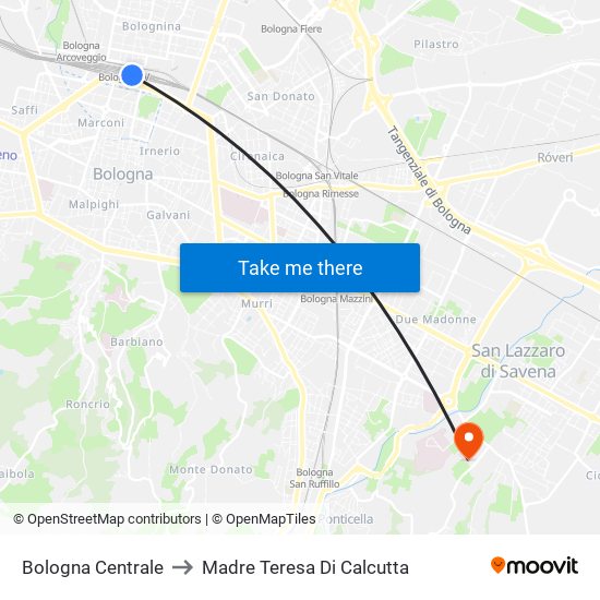 Bologna Centrale to Madre Teresa Di Calcutta map