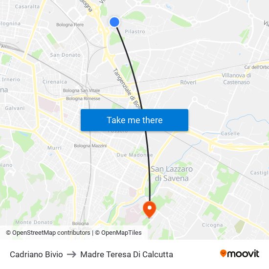 Cadriano Bivio to Madre Teresa Di Calcutta map