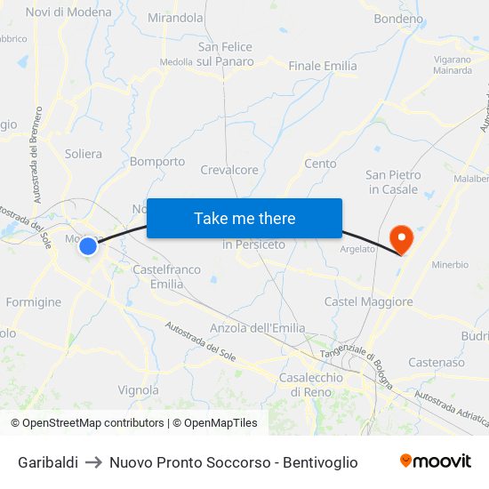 Garibaldi to Nuovo Pronto Soccorso - Bentivoglio map