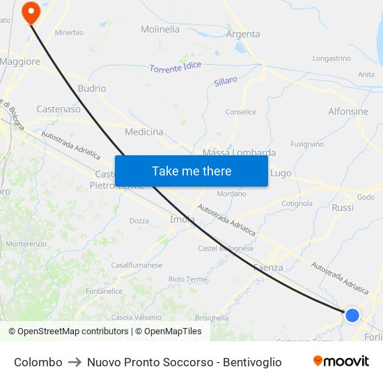 Colombo to Nuovo Pronto Soccorso - Bentivoglio map