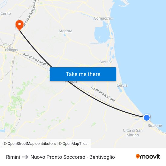 Rimini to Nuovo Pronto Soccorso - Bentivoglio map