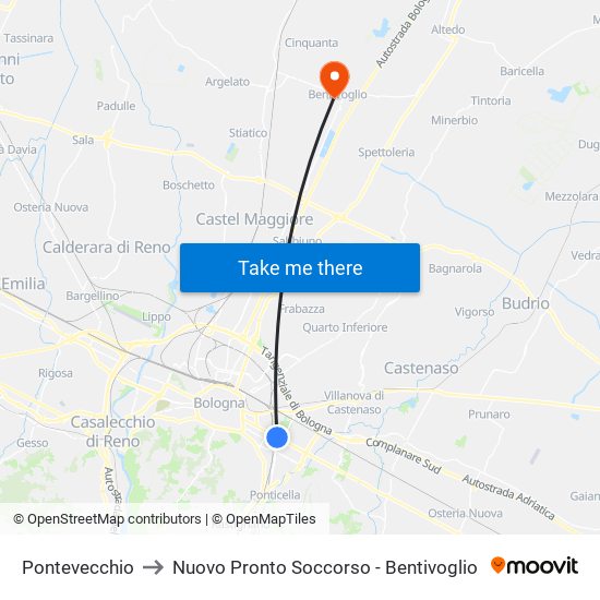 Pontevecchio to Nuovo Pronto Soccorso - Bentivoglio map